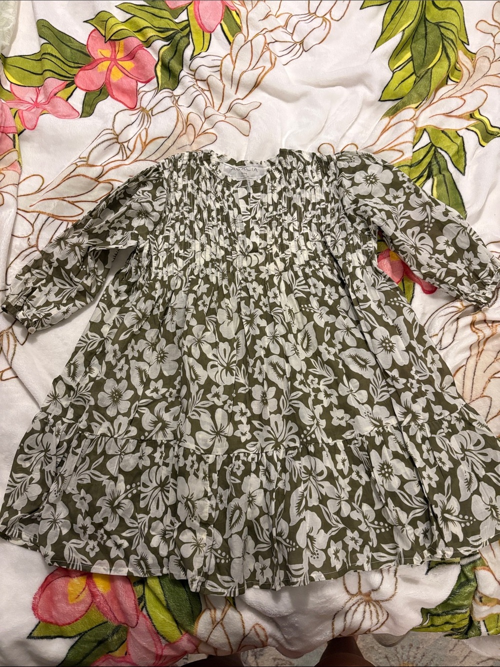 acacia swimwear Olive & White Floral Smocked Dress